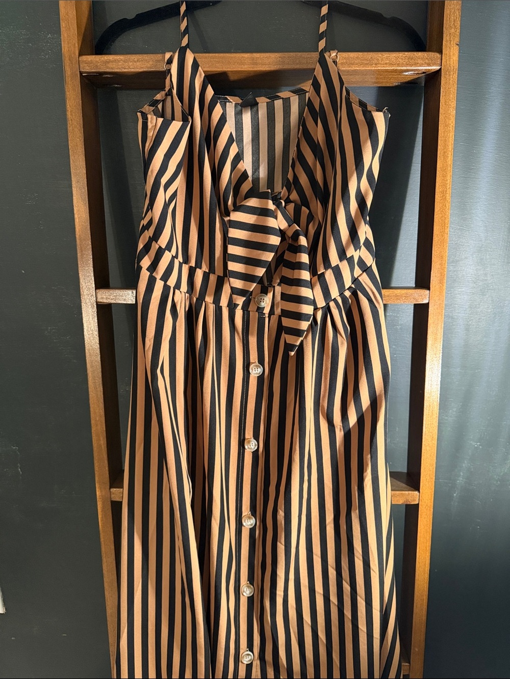 SHEIN Black and Tan Striped Tie-Front Midi Dress